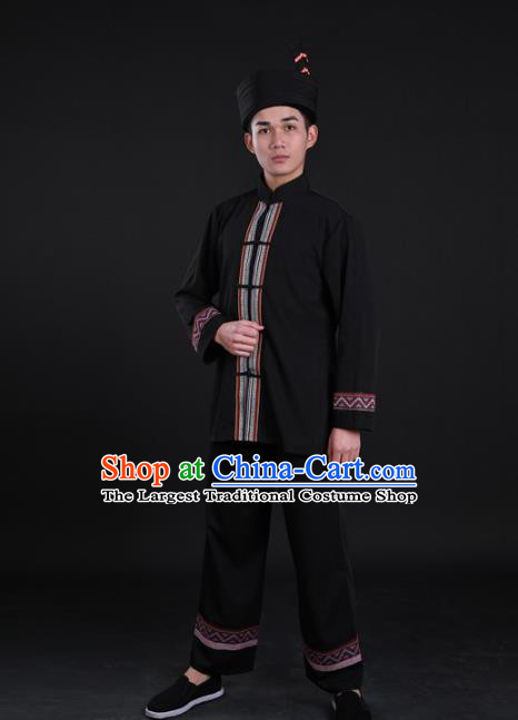 Chinese Hmong Nationality Folk Dance Shirt and Pants Traditional Miao Ethnic Male Black Suits Clothing
