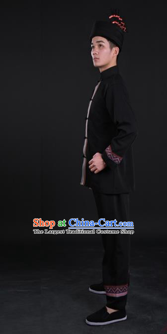 Chinese Hmong Nationality Folk Dance Shirt and Pants Traditional Miao Ethnic Male Black Suits Clothing