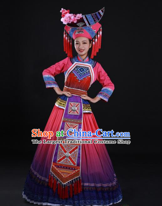 Chinese Traditional Zhuang Nationality Bride Suits Guangxi Minority Dance Pink Dress Ethnic Wedding Garment Clothing and Moon Hat