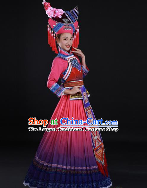 Chinese Traditional Zhuang Nationality Bride Suits Guangxi Minority Dance Pink Dress Ethnic Wedding Garment Clothing and Moon Hat