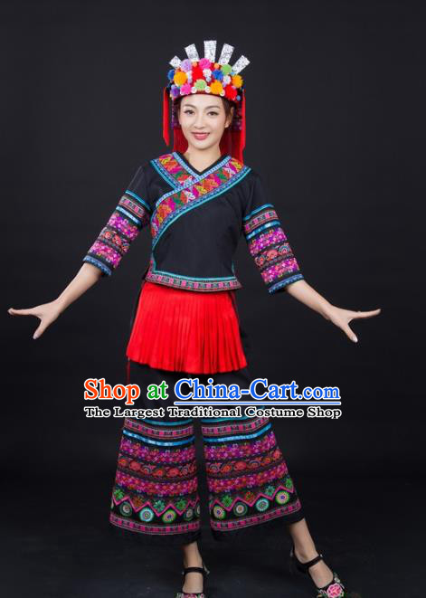 Chinese Xiangxi Minority Performance Black Suits Ethnic Folk Dance Clothing Traditional Yao Nationality Female Garments and Hat