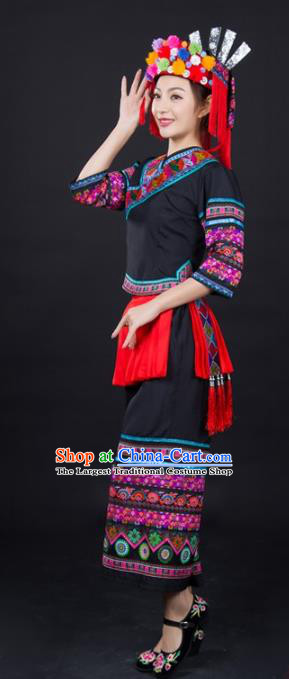 Chinese Xiangxi Minority Performance Black Suits Ethnic Folk Dance Clothing Traditional Yao Nationality Female Garments and Hat