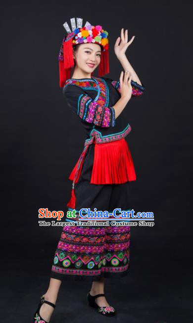 Chinese Xiangxi Minority Performance Black Suits Ethnic Folk Dance Clothing Traditional Yao Nationality Female Garments and Hat