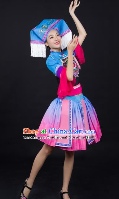 Chinese Ethnic Dance Performance Clothing Traditional Zhuang Nationality Female Garments Guangxi Minority Short Dress and Headwear