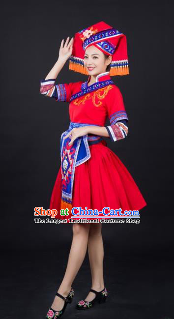 Chinese Guangxi Minority Folk Dance Red Short Dress Traditional Ethnic Clothing Zhuang Nationality Female Garments and Hat