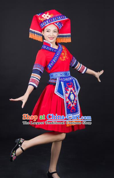 Chinese Guangxi Minority Folk Dance Red Short Dress Traditional Ethnic Clothing Zhuang Nationality Female Garments and Hat