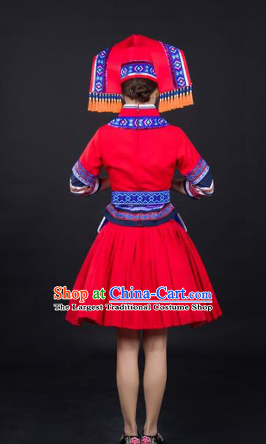 Chinese Guangxi Minority Folk Dance Red Short Dress Traditional Ethnic Clothing Zhuang Nationality Female Garments and Hat