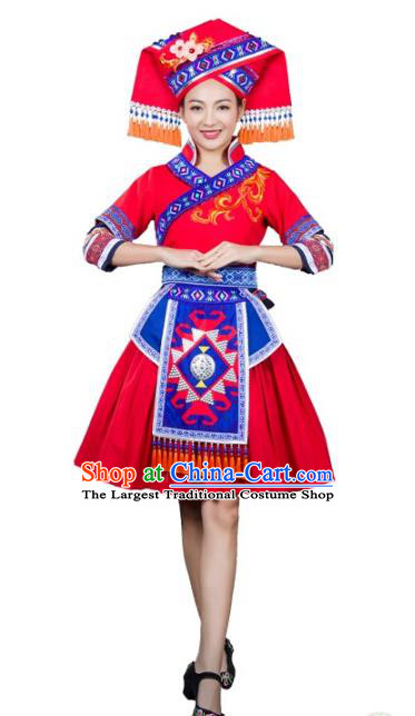 Chinese Guangxi Minority Folk Dance Red Short Dress Traditional Ethnic Clothing Zhuang Nationality Female Garments and Hat