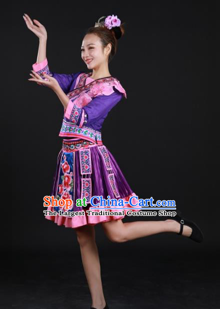 Chinese Traditional Miao Nationality Dance Purple Suits Xiangxi Minority Dress Ethnic Performance Garment Clothing and Headpieces