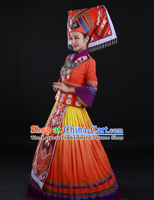 Chinese Ethnic Performance Clothing Traditional Miao Nationality Dance Garments Xiangxi Minority Orange Dress and Headdress