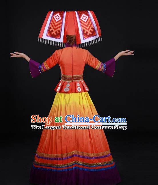 Chinese Ethnic Performance Clothing Traditional Miao Nationality Dance Garments Xiangxi Minority Orange Dress and Headdress