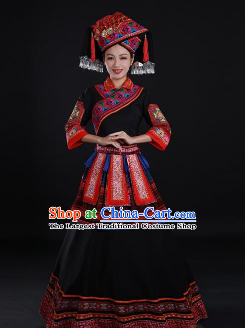Chinese Guangxi Minority Black Dress Ethnic Performance Clothing Traditional Zhuang Nationality Dance Garments and Hat