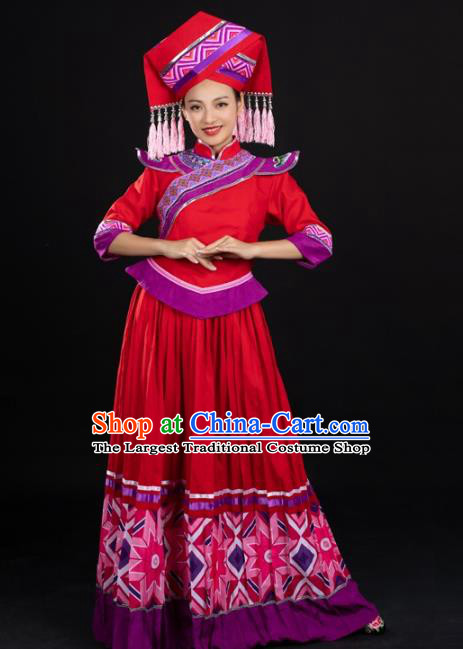 Chinese Traditional Zhuang Nationality Female Garments Guangxi Minority Red Dress Ethnic Folk Dance Clothing and Hat