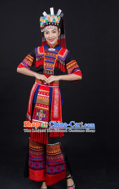 Chinese Ethnic Folk Dance Clothing Traditional Yao Nationality Female Garments Xiangxi Minority Black Suits and Headwear