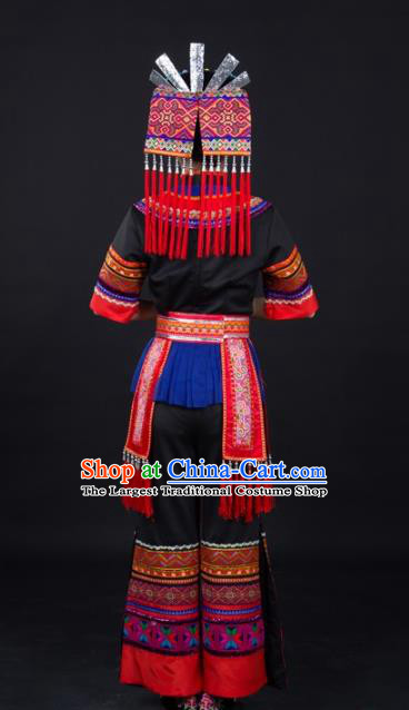 Chinese Ethnic Folk Dance Clothing Traditional Yao Nationality Female Garments Xiangxi Minority Black Suits and Headwear