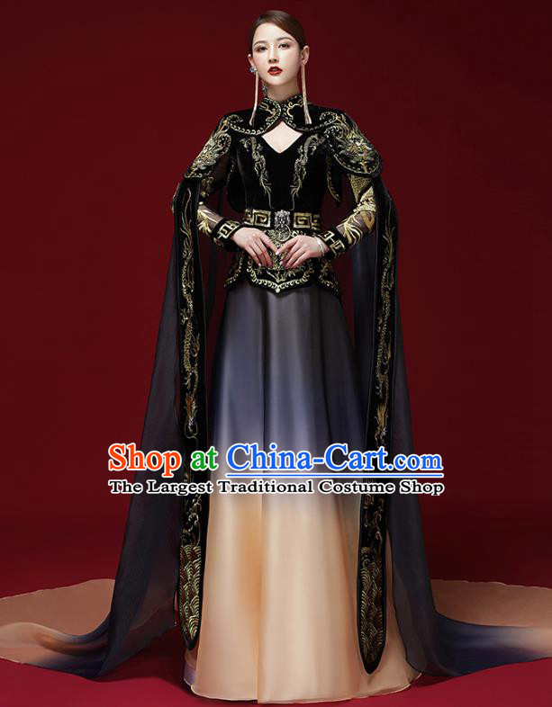 China Stage Show Embroidered Clothing Catwalks Dress Garment Compere Black Trailing Cape Full Dress