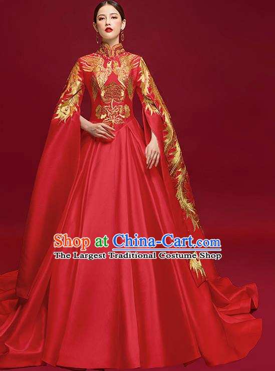 China Stage Show Wedding Clothing Catwalks Full Dress Embroidered Phoenix Garment Compere Water Sleeve Dress