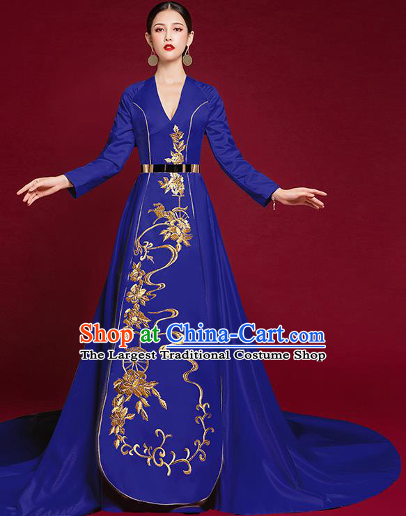 China Catwalks Trailing Dress Garment Compere Royalblue Full Dress Stage Show Embroidered Clothing
