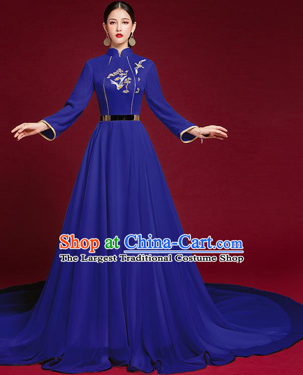 China Compere Royalblue Full Dress Stage Show Embroidered Clothing Catwalks Trailing Dress Garment