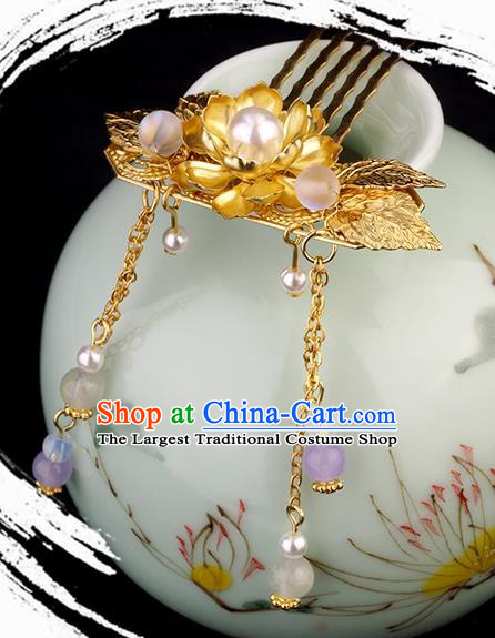 Chinese Ancient Young Lady Tassel Hairpin Hair Accessories Traditional Jin Dynasty Golden Lotus Hair Comb