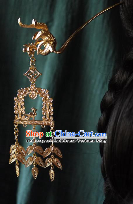 Chinese Ancient Queen Golden Phoenix Hairpin Hair Accessories Traditional Ming Dynasty Empress Tassel Hair Stick