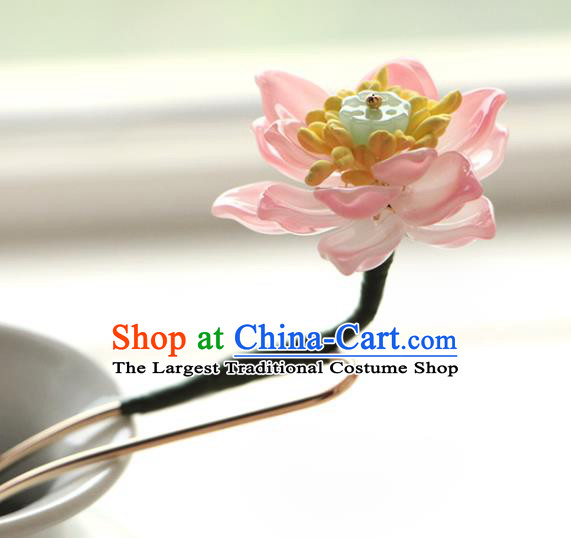 China Ancient Royal Princess Hairpin Traditional Hanfu Hair Accessories Song Dynasty Pink Lotus Hair Stick