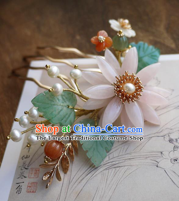 Chinese Ancient Empress Rose Quartz Chrysanthemum Hairpin Hair Accessories Traditional Qing Dynasty Imperial Concubine Hair Comb