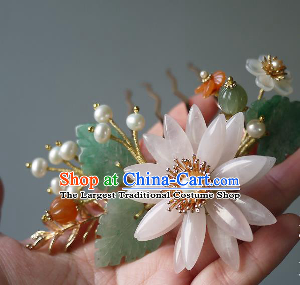 Chinese Ancient Empress Rose Quartz Chrysanthemum Hairpin Hair Accessories Traditional Qing Dynasty Imperial Concubine Hair Comb