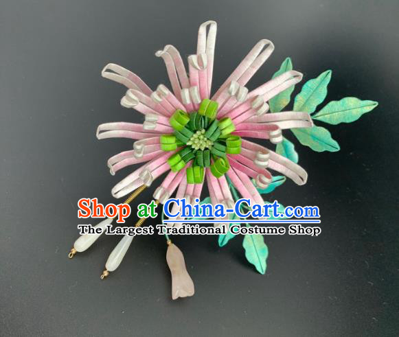 China Ancient Handmade Pink Silk Chrysanthemum Hairpin Traditional Hanfu Hair Accessories Song Dynasty Imperial Concubine Hair Stick