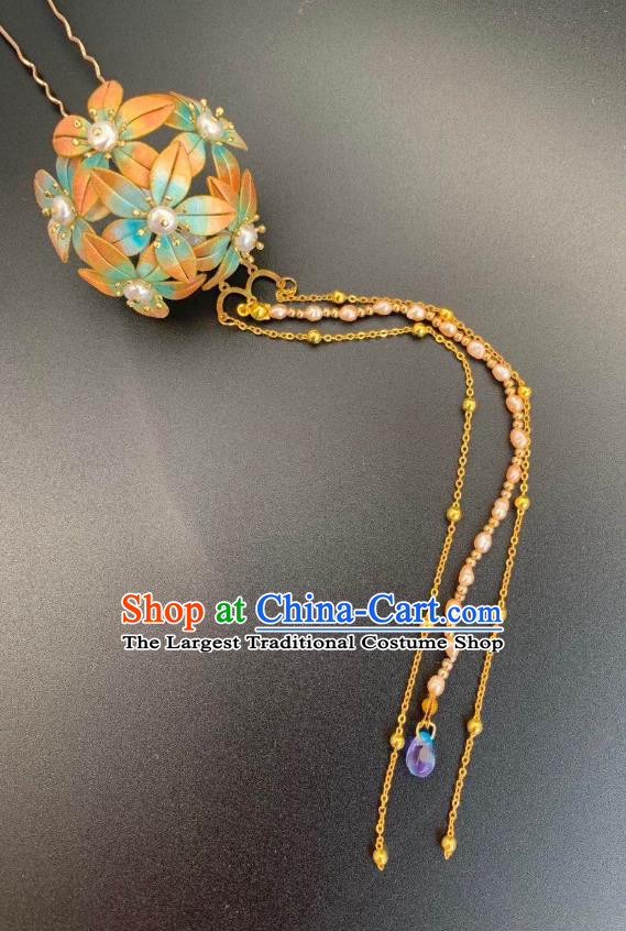 China Handmade Silk Hydrangea Hairpin Traditional Hanfu Hair Accessories Ancient Tang Dynasty Princess Pearls Tassel Hair Stick