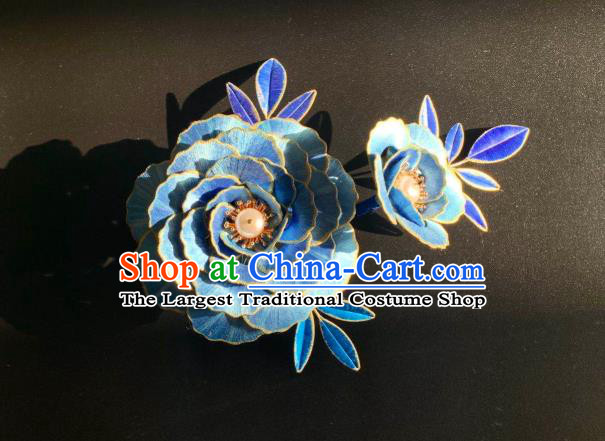 China Traditional Hanfu Hair Accessories Ancient Tang Dynasty Court Beauty Hair Comb Handmade Blue Silk Peony Hairpin