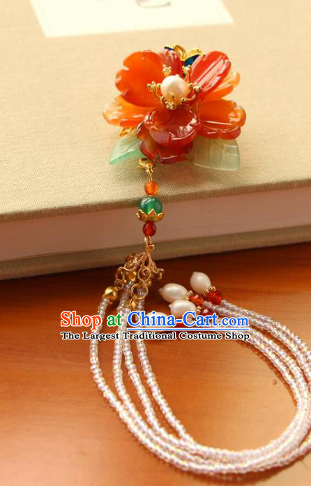 China Ancient Princess Agate Peony Hairpin Traditional Hanfu Hair Accessories Ming Dynasty Beads Tassel Hair Claw