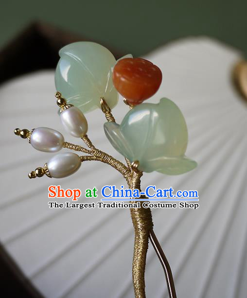 Chinese Ancient Palace Lady Pearls Hairpin Hair Accessories Traditional Song Dynasty Jade Lotus Hair Stick