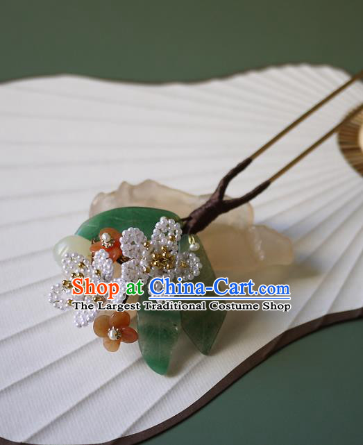 Chinese Ancient Imperial Concubine Jade Hairpin Hair Accessories Traditional Qing Dynasty Pearls Peach Blossom Hair Stick