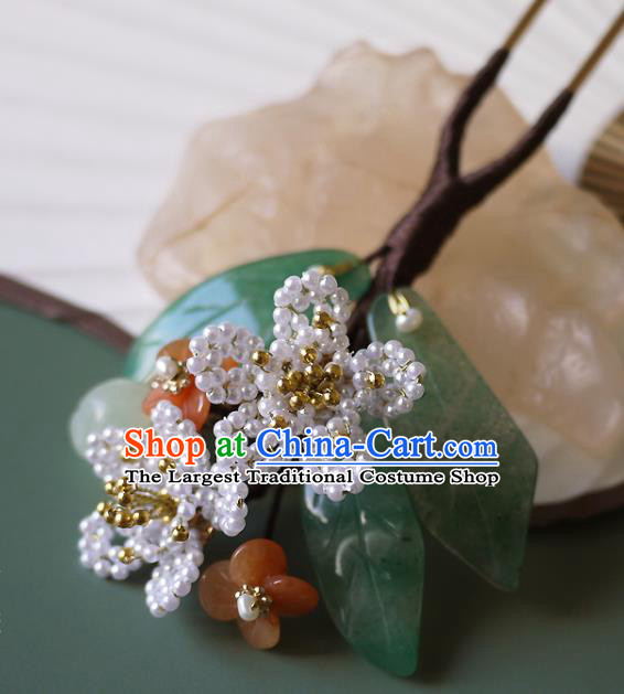 Chinese Ancient Imperial Concubine Jade Hairpin Hair Accessories Traditional Qing Dynasty Pearls Peach Blossom Hair Stick