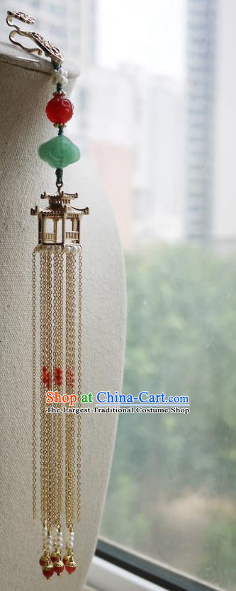 China Traditional Cheongsam Golden Pavilion Tassel Accessories Ancient Qing Dynasty Brooch Pendant