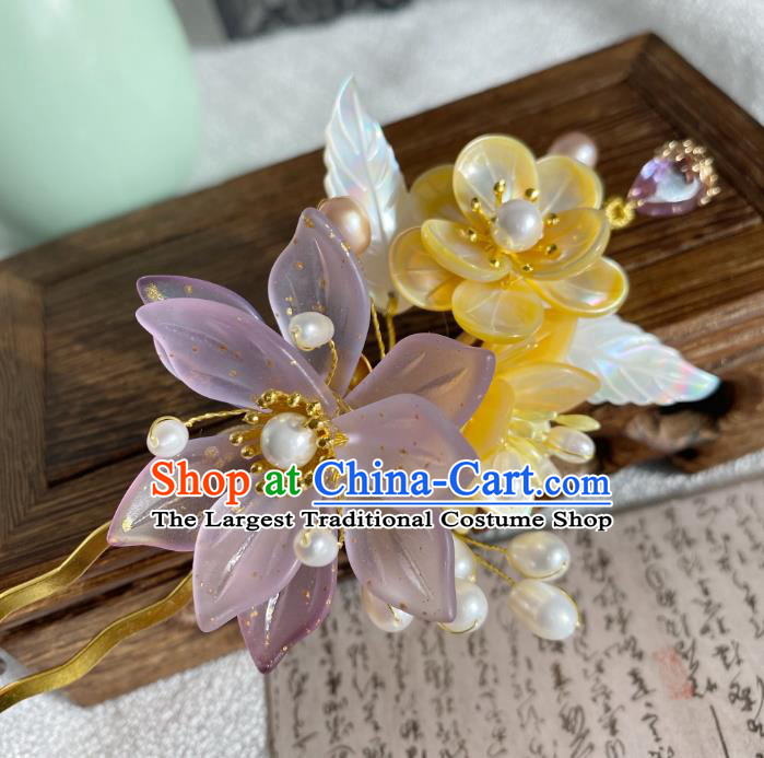 Chinese Ancient Princess Yellow Shell Plum Hairpin Traditional Ming Dynasty Young Lady Lilac Flower Hair Stick