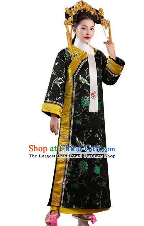 China Ancient Manchu Imperial Consort Black Dress Qing Dynasty Court Woman Garments Clothing and Headpieces Complete Set