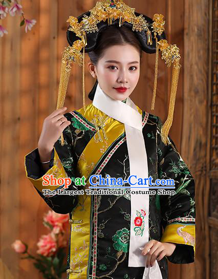 China Ancient Manchu Imperial Consort Black Dress Qing Dynasty Court Woman Garments Clothing and Headpieces Complete Set