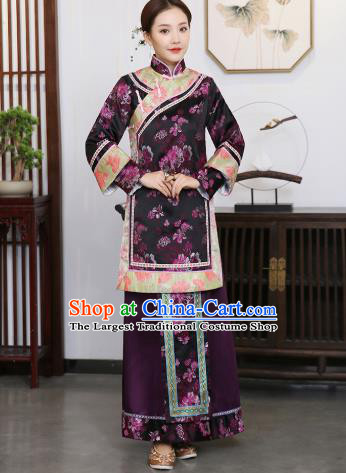 China Ancient Young Mistress Purple Dress Garments Traditional Qing Dynasty Rich Woman Clothing and Headpieces