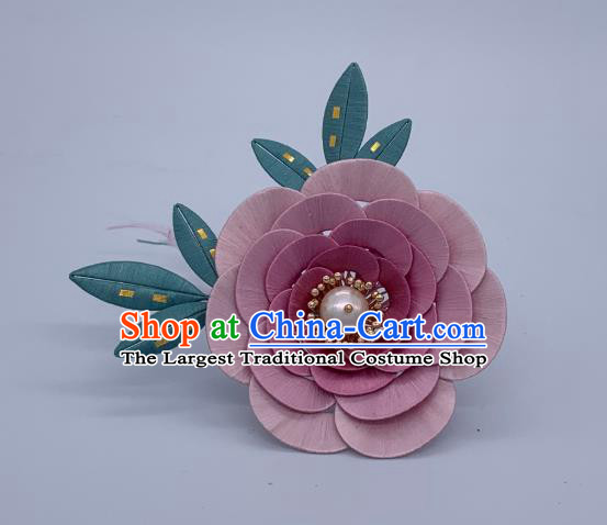 China Handmade Pink Silk Camellia Hairpin Traditional Tang Dynasty Hanfu Hair Accessories Ancient Princess Hair Stick