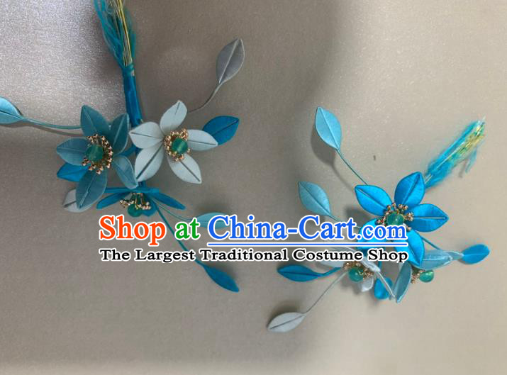 China Handmade Blue Silk Flowers Hairpin Traditional Hanfu Hair Accessories Ancient Song Dynasty Princess Hair Claws