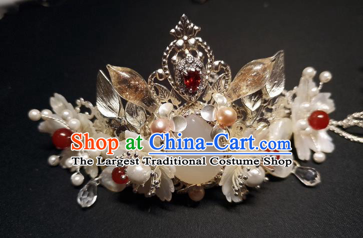 China Handmade Shell Flowers Hairpin Traditional Ming Dynasty Hair Accessories Ancient Princess Hair Crown