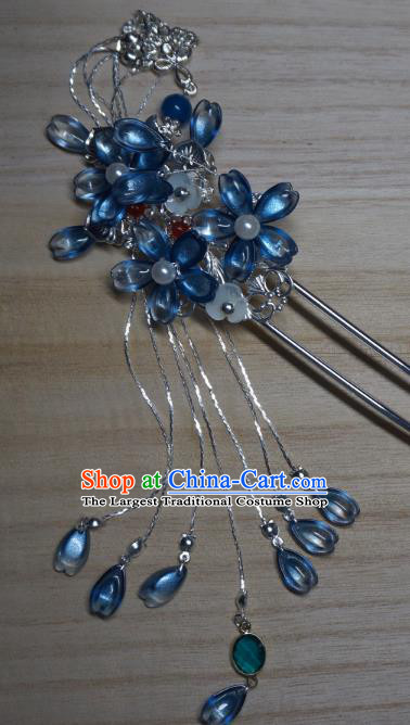 China Handmade Blue Sakura Tassel Hairpin Traditional Ming Dynasty Hair Accessories Ancient Young Lady Hair Clip