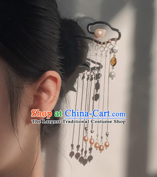 China Handmade Golden Cloud Hairpin Traditional Ming Dynasty Hair Accessories Ancient Princess Pearls Tassel Hair Clip