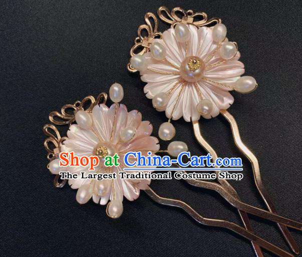 China Handmade Pink Shell Daisy Hairpin Traditional Ming Dynasty Hair Accessories Ancient Princess Pearls Hair Stick