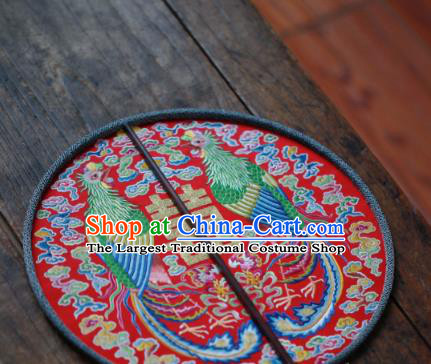 China Traditional Wedding Circular Fan Handmade Embroidered Phoenix Fan Classical Red Silk Palace Fan