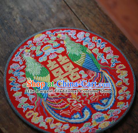 China Traditional Wedding Circular Fan Handmade Embroidered Phoenix Fan Classical Red Silk Palace Fan