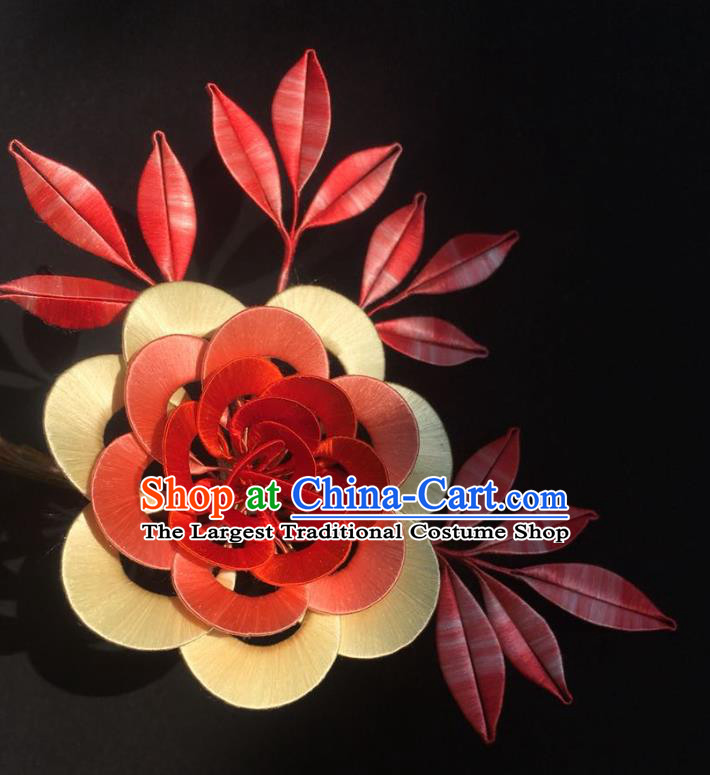 China Handmade Silk Red Camellia Hairpin Traditional Hanfu Headpiece Ancient Tang Dynasty Empress Hair Comb