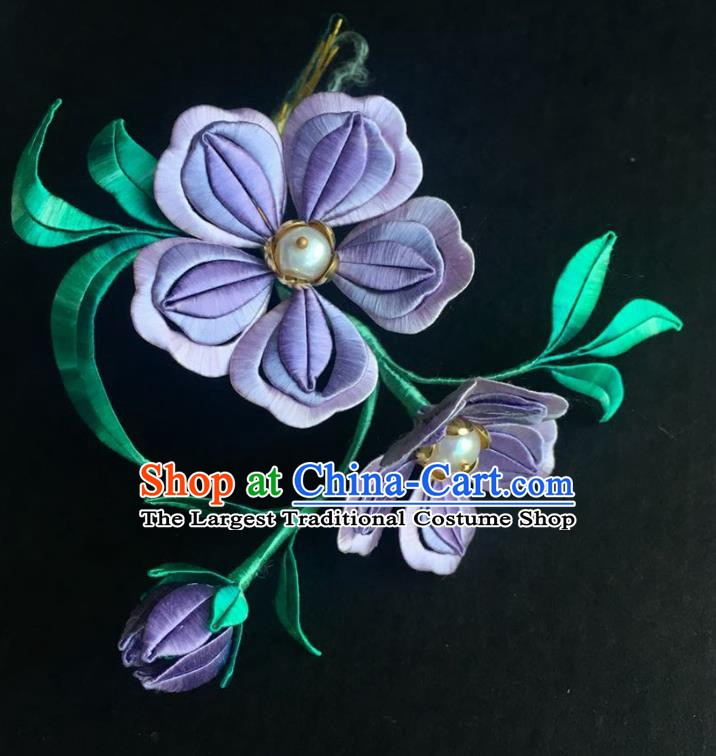 China Handmade Violet Silk Peach Blossom Hairpin Traditional Hanfu Headpiece Ancient Song Dynasty Princess Pearls Hair Stick